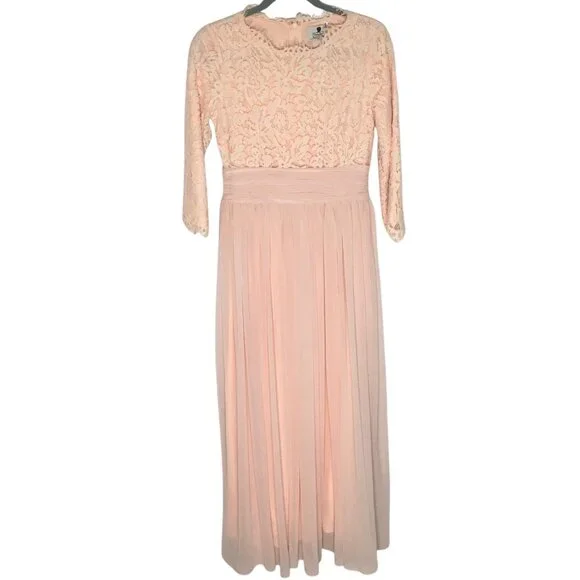 Dainty Jewells Dresses | Dainty Jewells Dress Womens Small Blush Lace Chiffon Maxi Modest Ruched Waist | Color: Pink | Size: S | Poshmishmosh's Closet